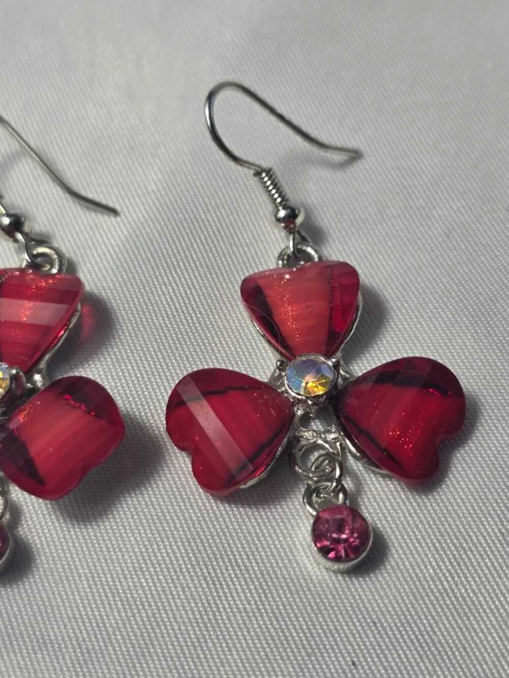 Red Floral Silver Tone Dangle Earrings with a Pink Dangle Charm French Wire
